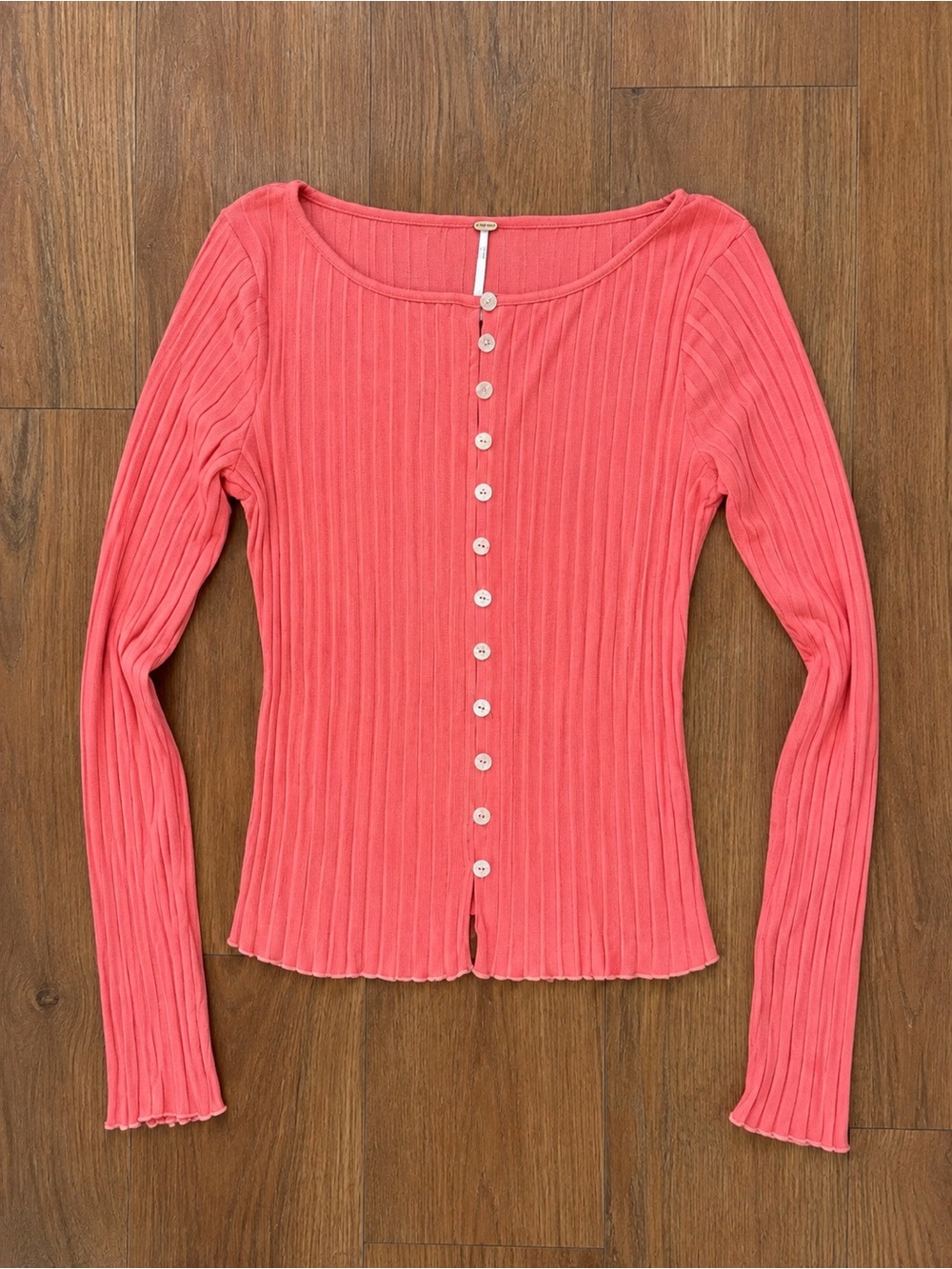 Free People Ribbed Button-Front Long-Sleeve Top - Coral Sz L NWOT